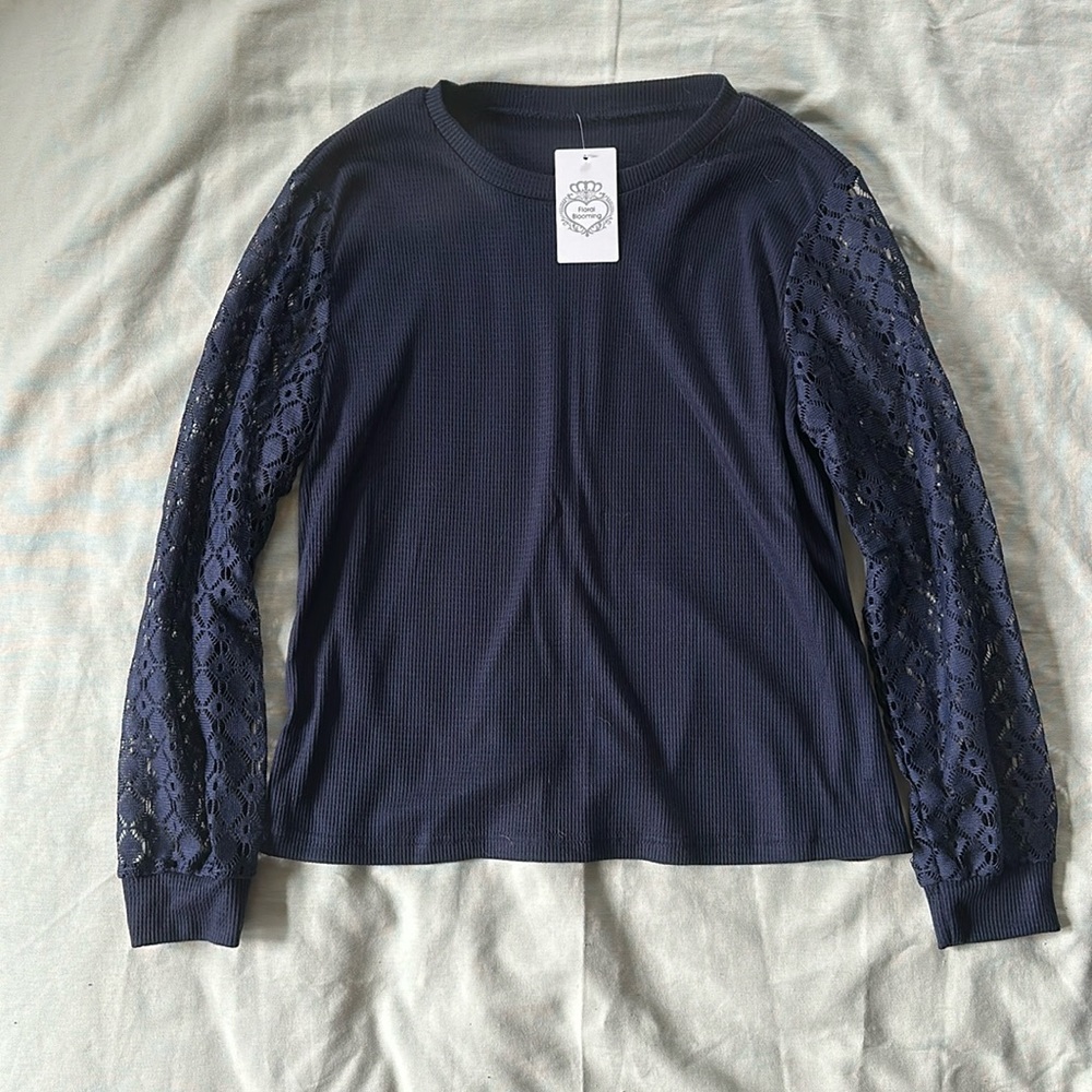 Navy Top with long lace sleeves